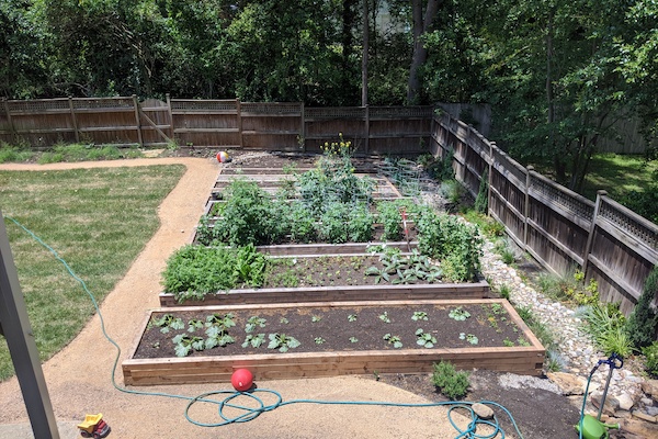 After: installing a dry stream on one side and a French drain on the other fix drainage issues. Chapel hill gravel paths give structure to the space.  Four large raised beds and a yard hydrant make gardening easy.
